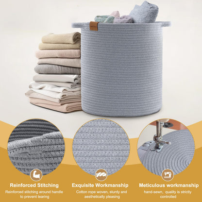 BROVIEW Woven Storage Basket, 56L Tall Laundry Baskets Hamper, 16x18 in Cotton Rope Basket for Toy, Pillows, Clothes, Blanket Basket with Handles for Living Room Bedroom Nursery Grey