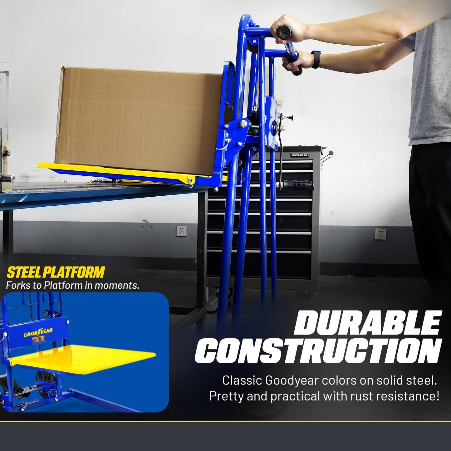 Goodyear Material Lift Winch Stacker, Pallet Truck Dolly, 330 Lbs 40" Max Lift w/ 8" Wheels, Swivel Casters [Patent Pending]