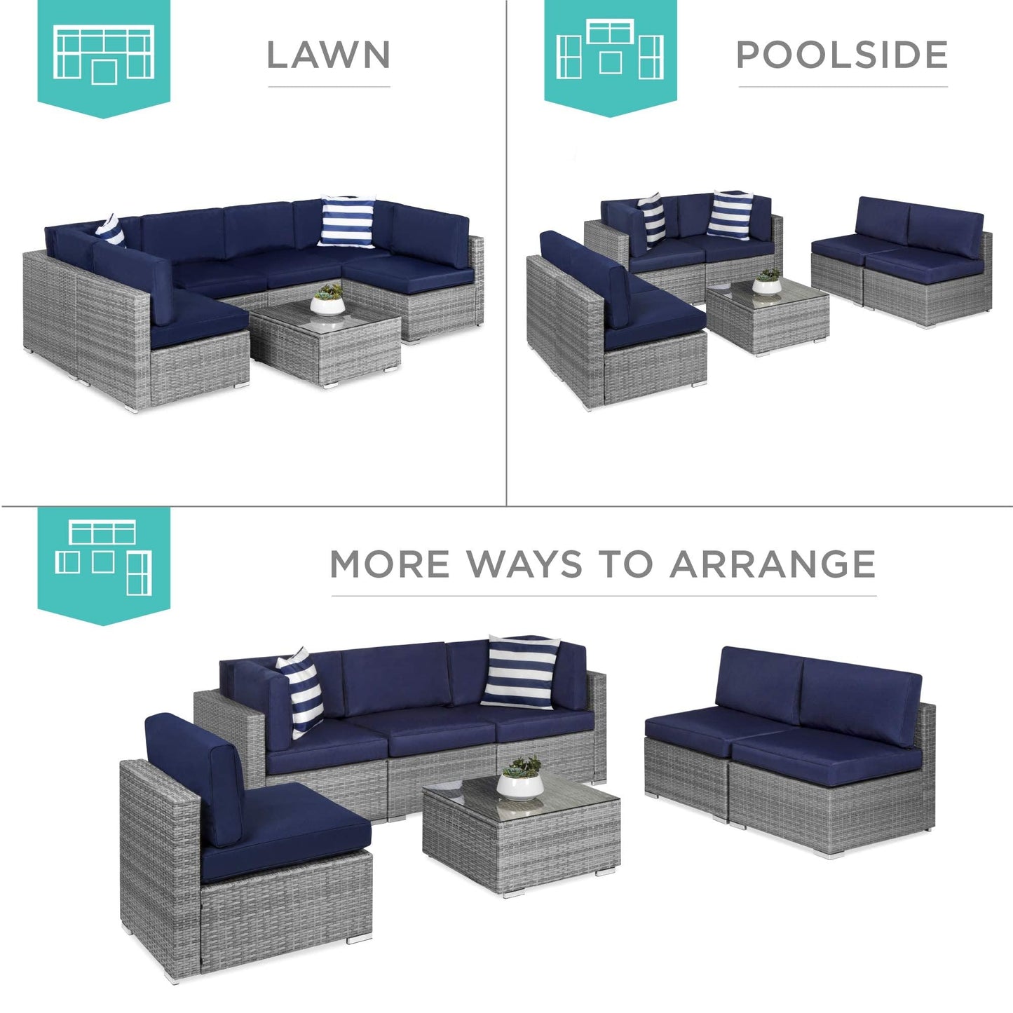 Best Choice Products 7-Piece Modular Outdoor Sectional Wicker Patio Conversation Set w/ 2 Pillows, Coffee Table, Cover Included - Gray/Navy