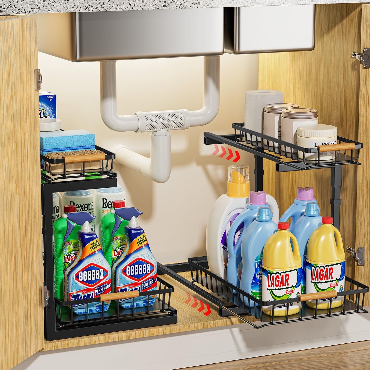 Delamu 2 Pack Under Sink Organizer and Storage, 2 Tier Pull Out Cabinet Organizer, Slide Out Under Sink Storage Shelf, Undersink Organizers Shelves for Kitchen Bathroom Pantry Organization