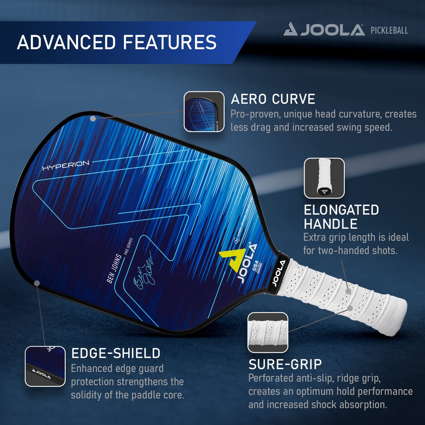 JOOLA Ben Johns Hyperion Pickleball Paddle - Carbon Surface, High Grit & Spin, Elongated Handle, Polypropylene Honeycomb Core, Custom Cover