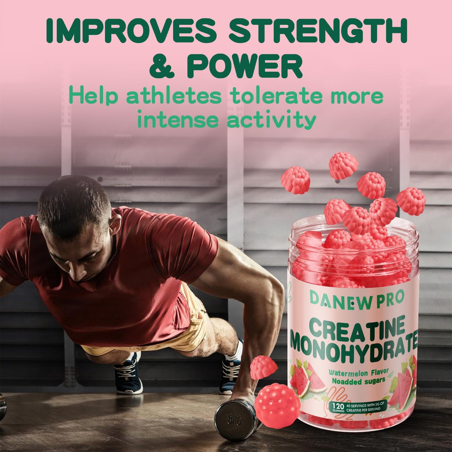 DANEW Pro Creatine Monohydrate Gummies 5000mg for Men & Women, Creatine Monohydrate for Muscle Strength, Muscle Builder, Energy Boost, Pre-Workout Supplement(120 Count)-Watermelon Flavor