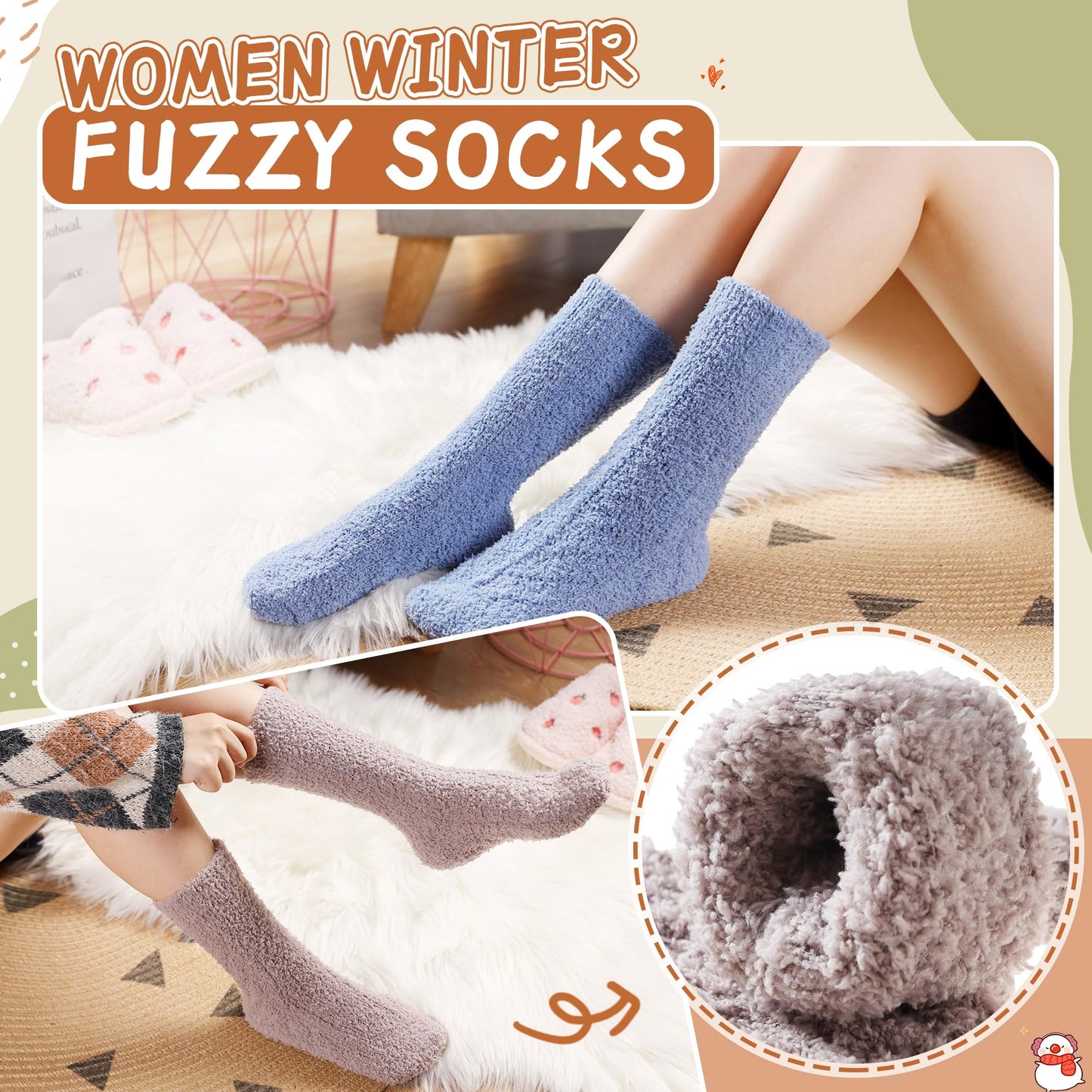 Velice Womens Fuzzy Socks Soft Cozy Fluffy Slipper Socks Winter Warm Plush Sleeping Christmas Socks 5 Pairs(Black/Grey/Blue)