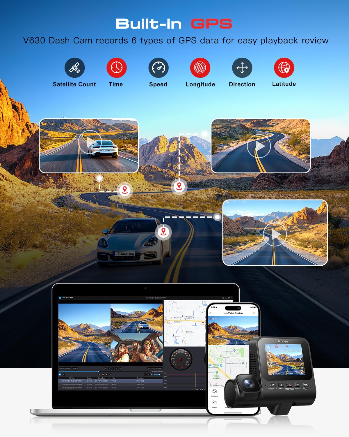 Dash Cam Front and Rear: 4K+1080P+1080P 3 Channel Dash Camera for Cars, STARVIS 2 Sensor Dash Camera with HDR Night Vision, 24H Parking Mode Car Camera with GPS, Free 64GB Card