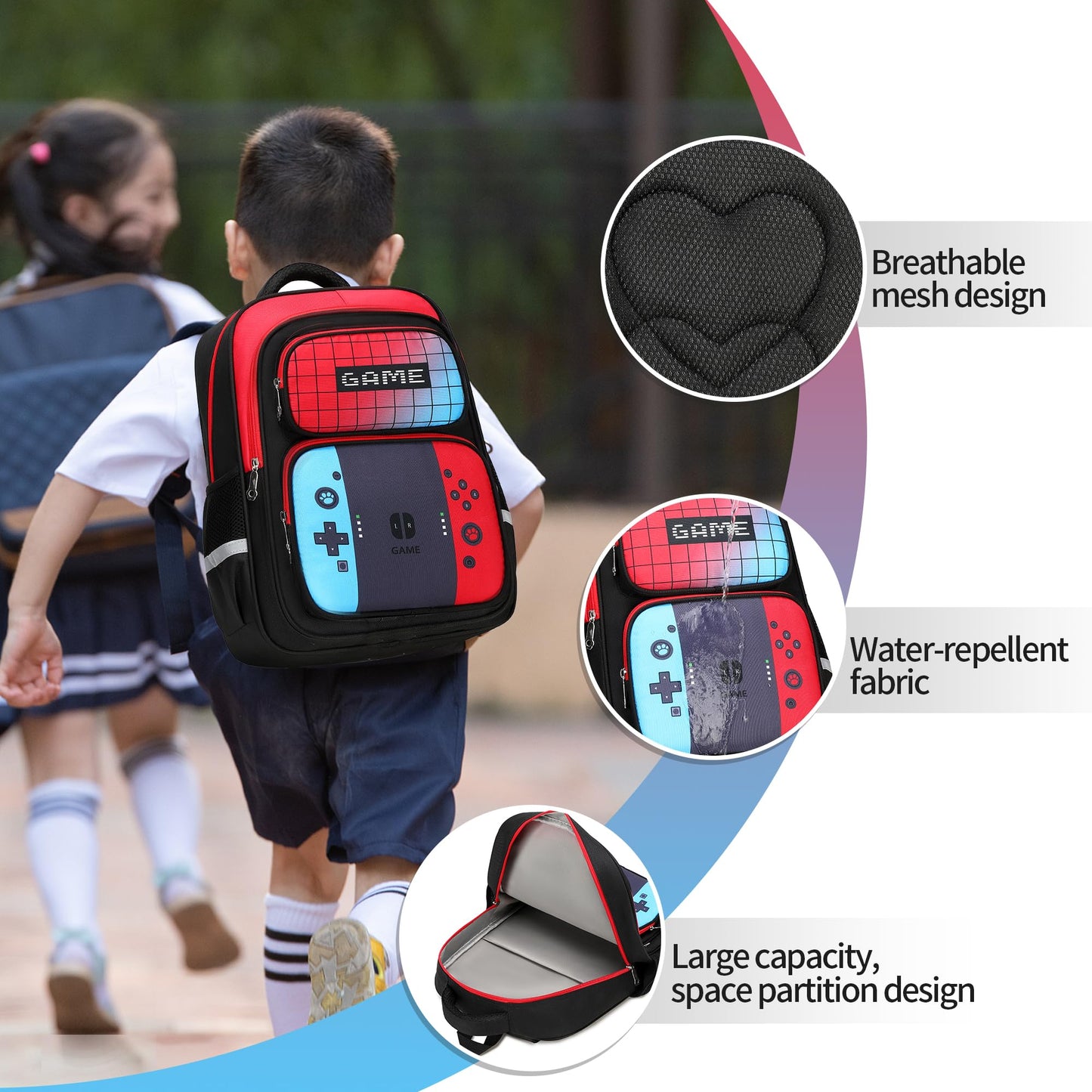 EINSZ School Backpack For Boys bookbag Game Backpack For Kids Junior High School Primary School Boys Backpack (Red&blue), Large