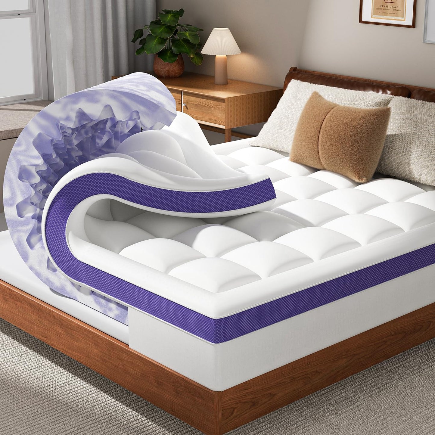 ChiXpace Dual Layer 4 Inch Memory Foam Mattress Topper King - 2 Inch Gel Memory Foam and 2 Inch Pillow Top Mattress Pad, 7-Zone Egg Crate King Size Mattress Topper(White)