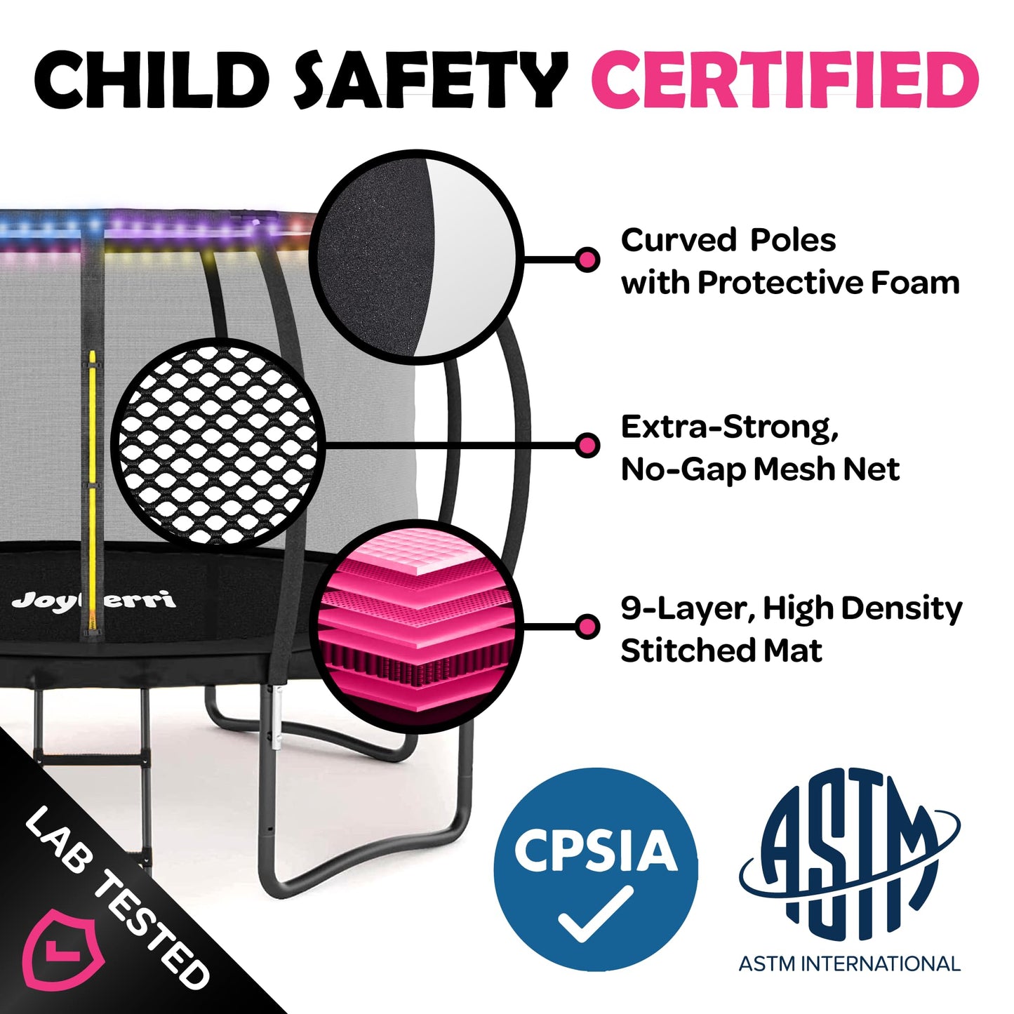 JoyBerri Trampoline Outdoor - ASTM Certified Safe, 8Ft, 10Ft, 12Ft, 14Ft, 15Ft, 16Ft Recreational Trampoline for Kids and Adults. Anti-Rust Coating with Enclosure Net, Ladder, Sprinkler & LED Lights
