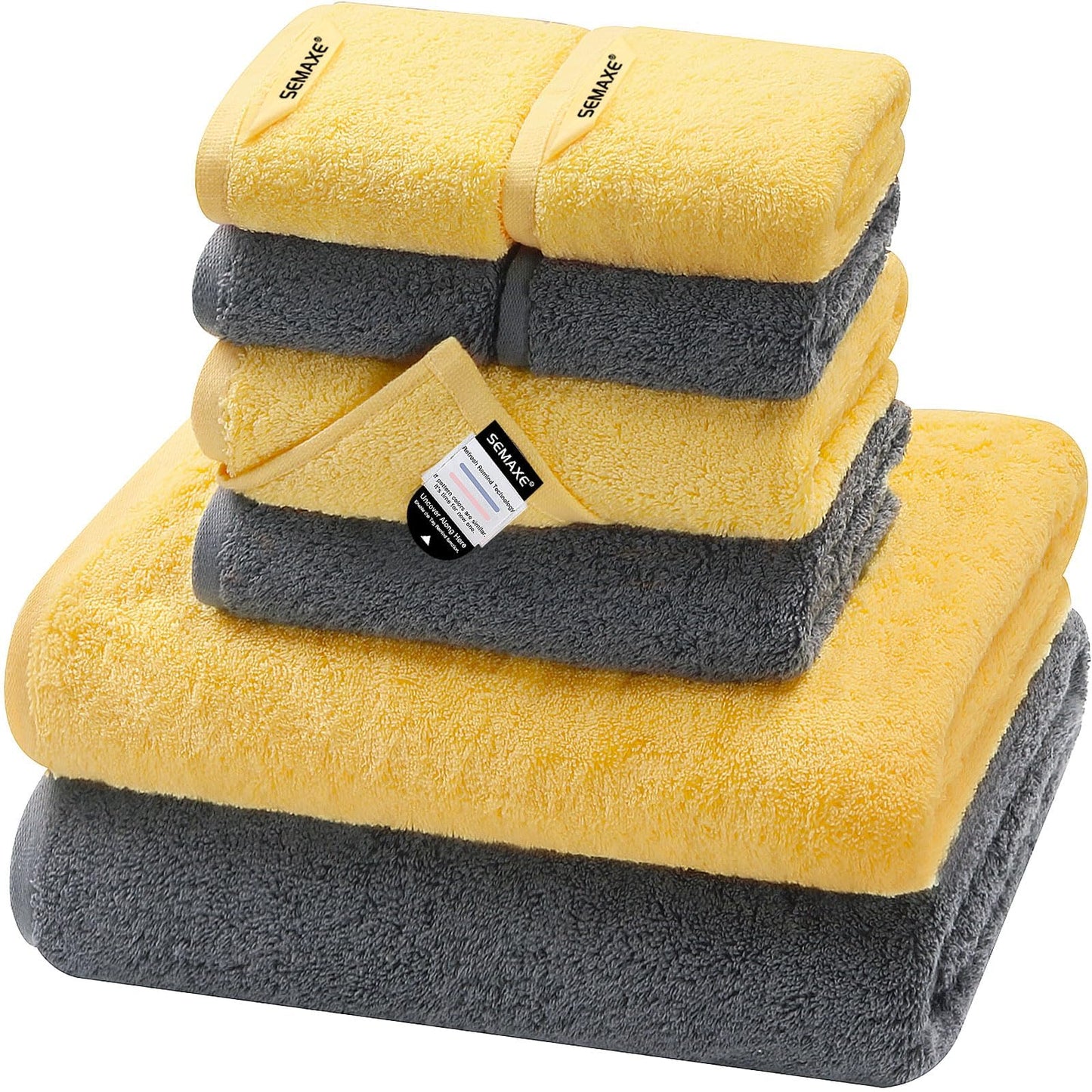 SEMAXE Bath Towel Set, 100% Cotton Bathroom Towels with Hanging Loops, Soft & Absorbent, 8 Piece Towel Set Include 2 Bath Towels, 2 Hand Towels, 4 Washcloths, Yellow & Grey