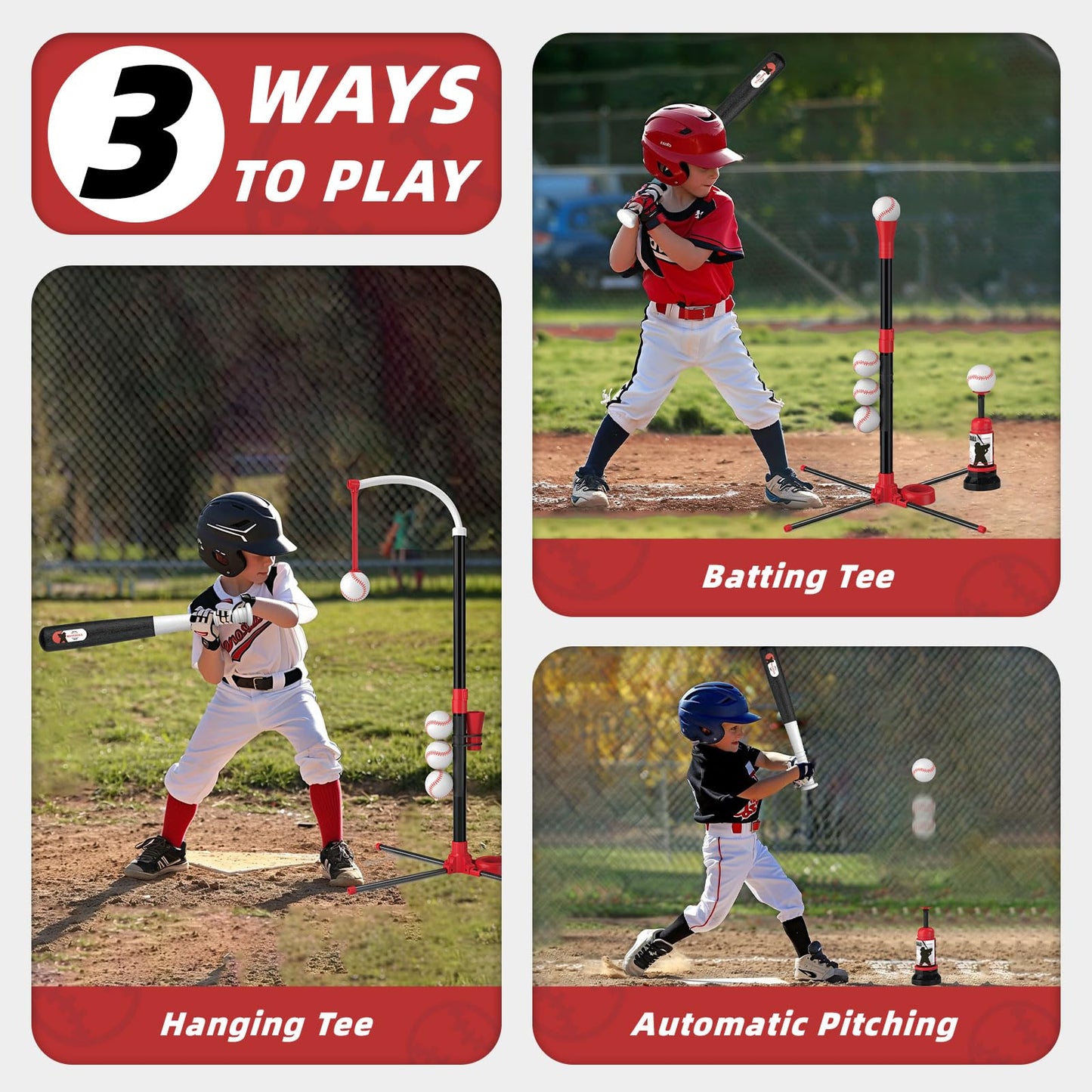 Wee Wonders 3-in-1 T Ball Set - Adjustable Height, Hanging Tee Ball Set with Automatic Pitching Machine/6 Balls/Retractable Bat, TBall Stand Suit for Outdoor, Sport Toys Gifts for Kids Boys Age 3+