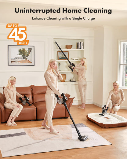Trucozie Cordless Vacuum Cleaner, 8-in-1 Lightweight Stick Vacuum with 45mins Runtime, Powerful Suction, Rechargeable Cordless Vacuum for Carpet, Tile, Pet Hair, Hardwood Floors, Black