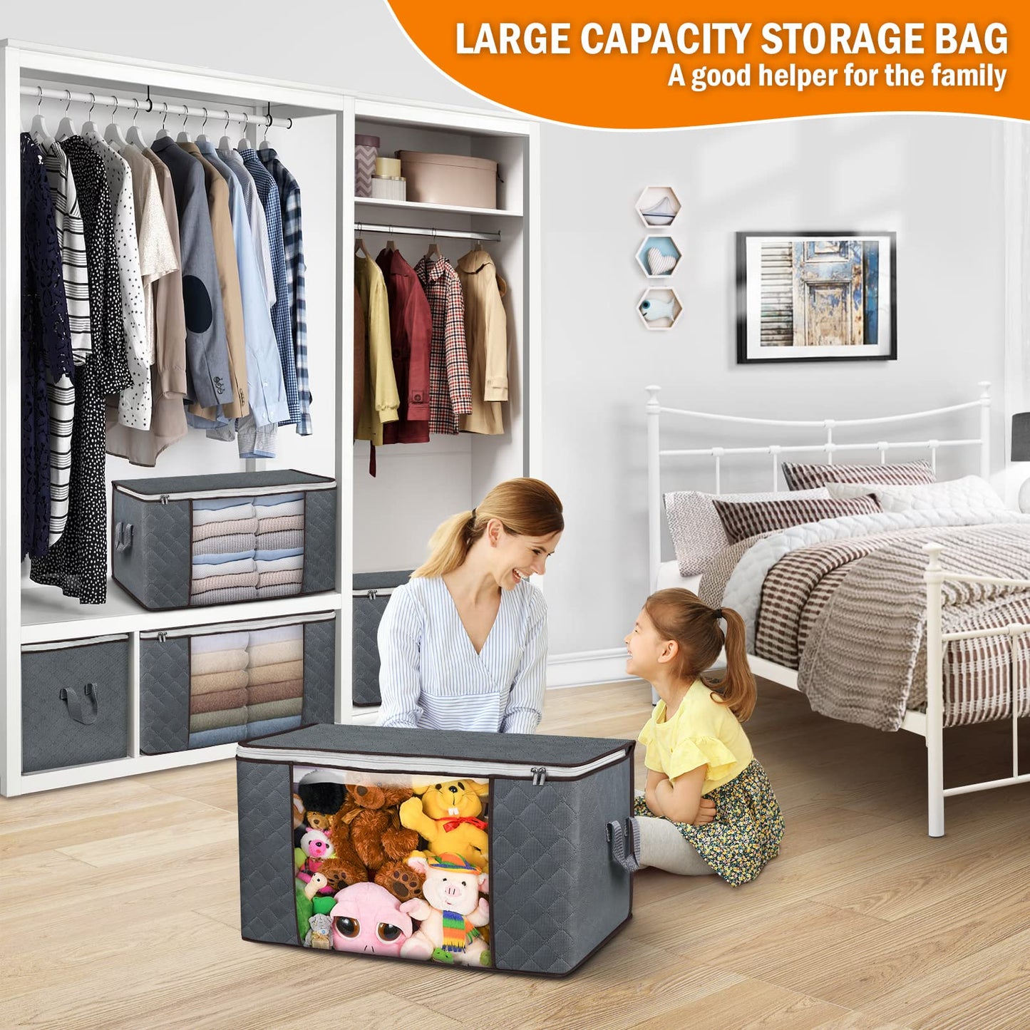 90L Large Storage Bags, 6 Pack Clothes Storage Bins Foldable Closet Organizers Storage Containers with Reinforced Handle for Clothing, Blanket, Comforters, Bed Sheets, Pillows and Toys (Gray)