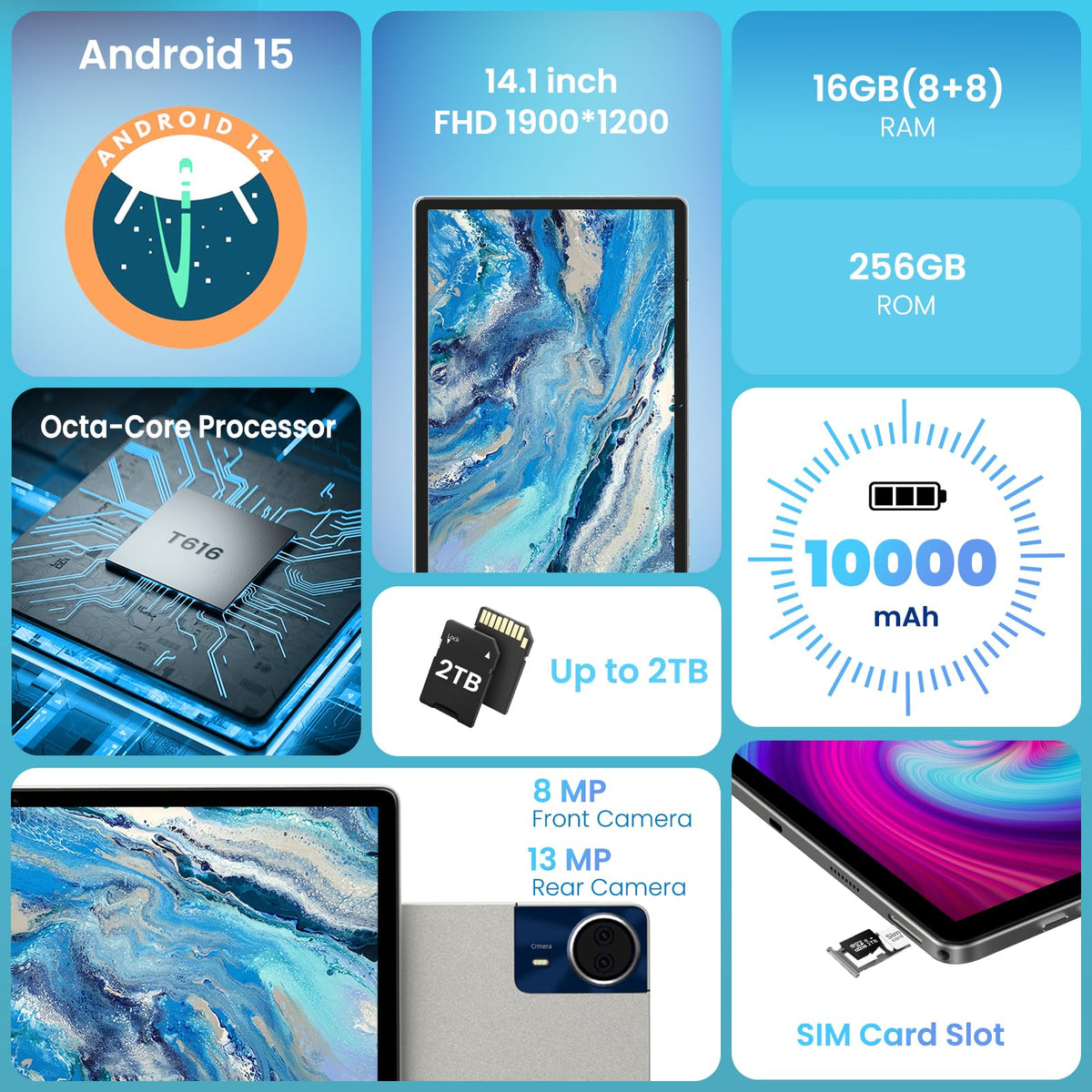 14 inch Large Screen Tablet, Android 15 Tablet 16GB RAM 256GB ROM, 1920*1200 IPS FHD Display, Widevine L1, 10000mAh 18W Charging, Wi-Fi & Bluetooth, 4G LTE, with Stand Case & Stylus, 2-Year Protection