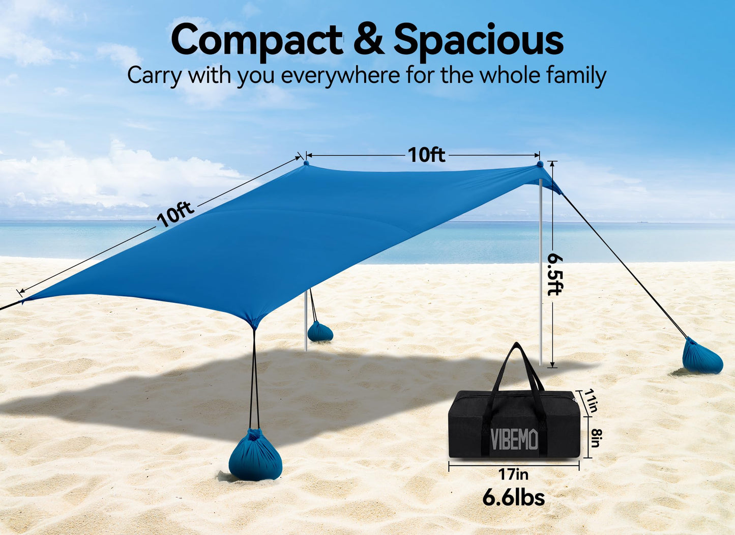 Beach Tent, Camping Sun Shelter 10 x 10ft, with 4 Sandbags, UPF50+, includes Sand Shovel, Ground Pegs & Stability Poles, Pop Up Beach Canopy Sunshade for Fishing, Backyard Fun or Picnics