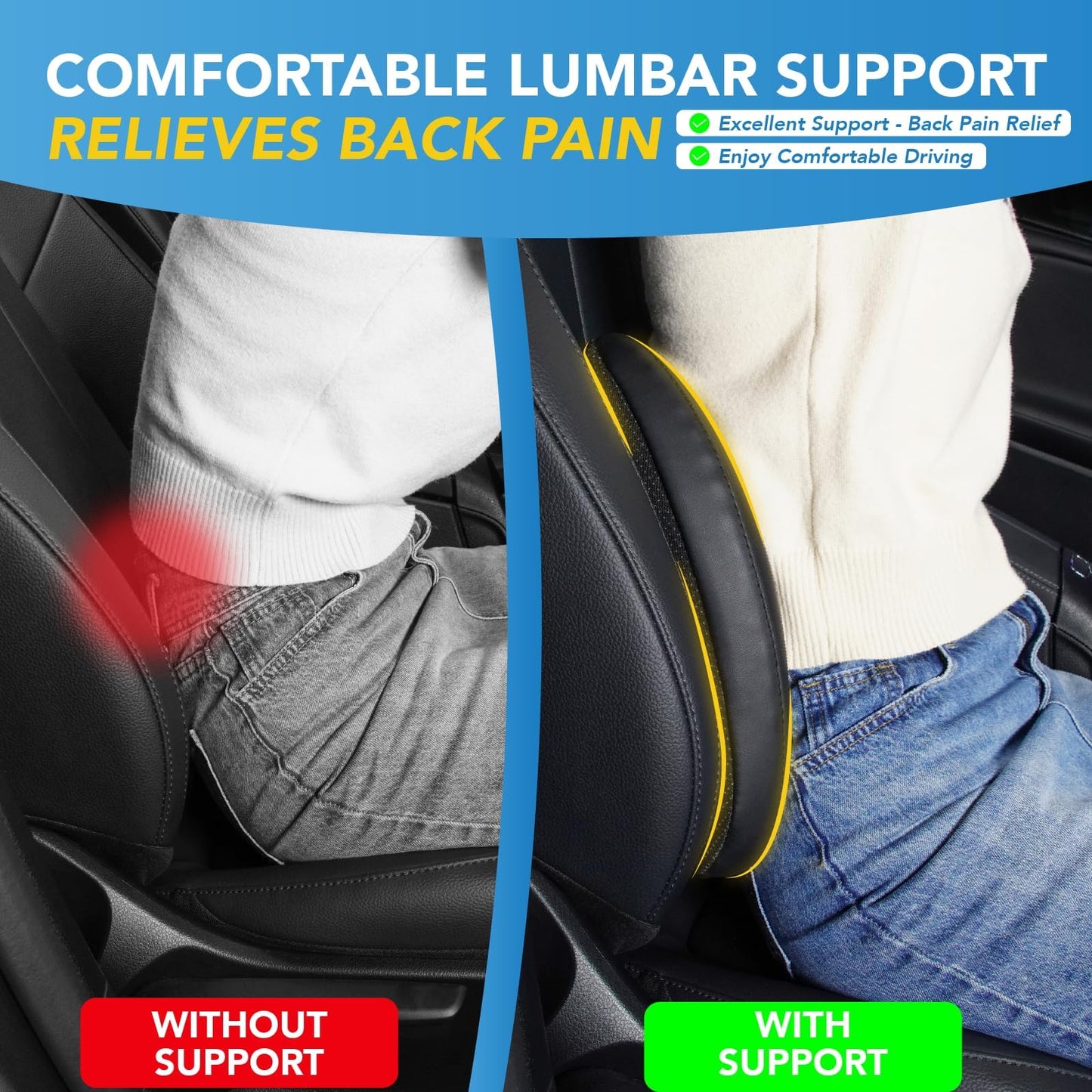 Lofty Aim Lumbar Support Pillow for Car, Memory Foam Lumbar Pillow for Lower Back Pain Relief - Back Cushion for Driving, Chair Support for Car-Office Chair, Wheelchair - Black