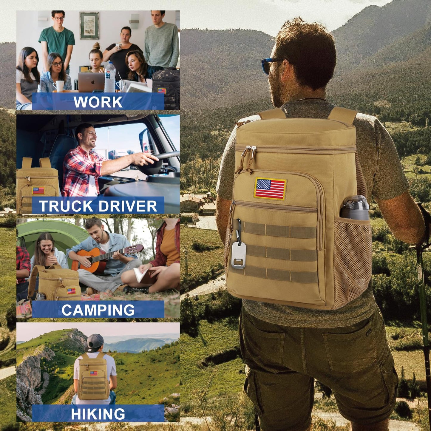 BERRYRIZZ Tactical Backpack Cooler for Men, 25L Large Insulated Backpack Leak-Proof, Heavy Duty Lunch Backpack, Waterproof Ice Chest Bag Women Adults Work Daytrip Camping Beach Hiking, Tactical Brown