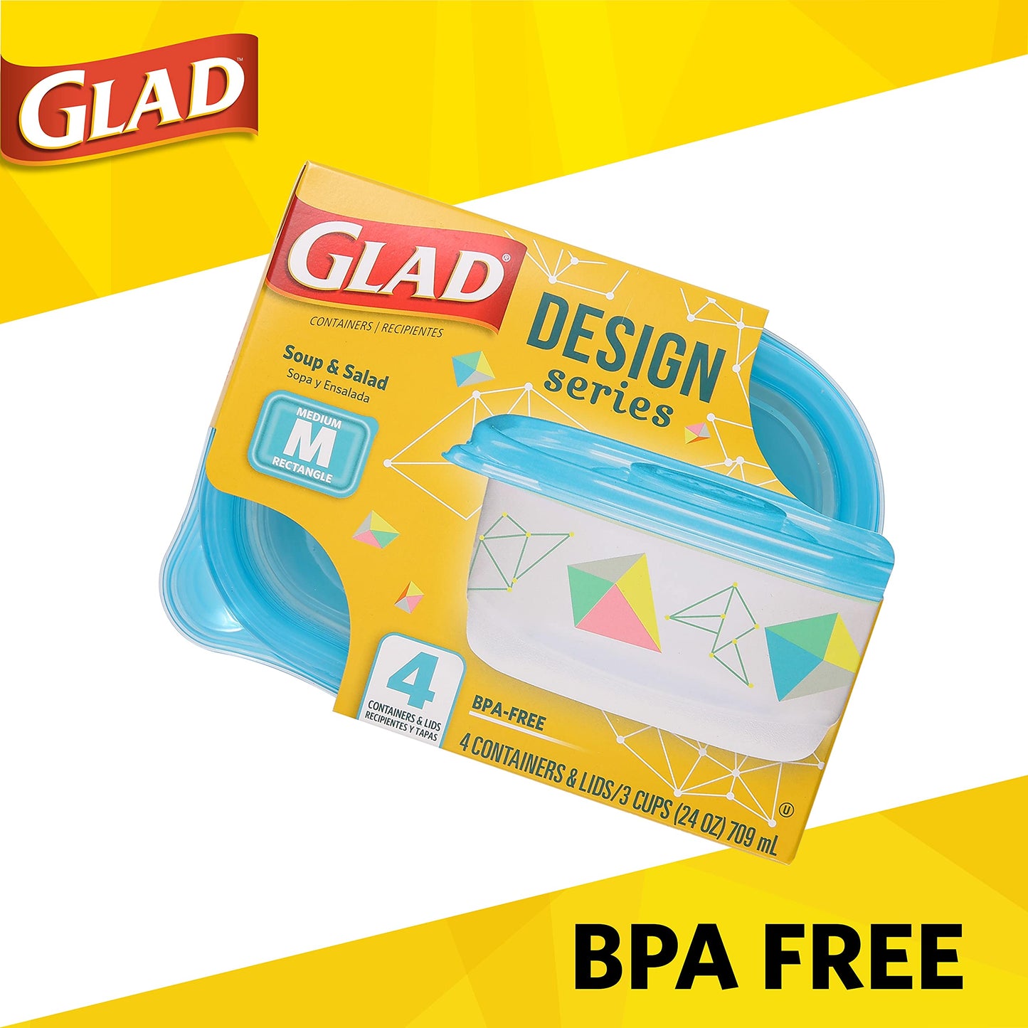 Glad GladWare Design Series Food Storage Containers with Lids, Medium Rectangle BPA Free Plastic for Meal Prep and Lunches, Tight Seal, Microwave and Dishwasher Safe, 24 Oz, 4 Count - 6 Pack