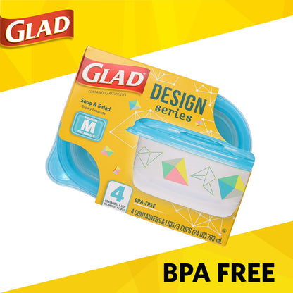 Glad GladWare Design Series Food Storage Containers with Lids, Medium Rectangle BPA Free Plastic for Meal Prep and Lunches, Tight Seal, Microwave and Dishwasher Safe, 24 Oz, 4 Count - 6 Pack