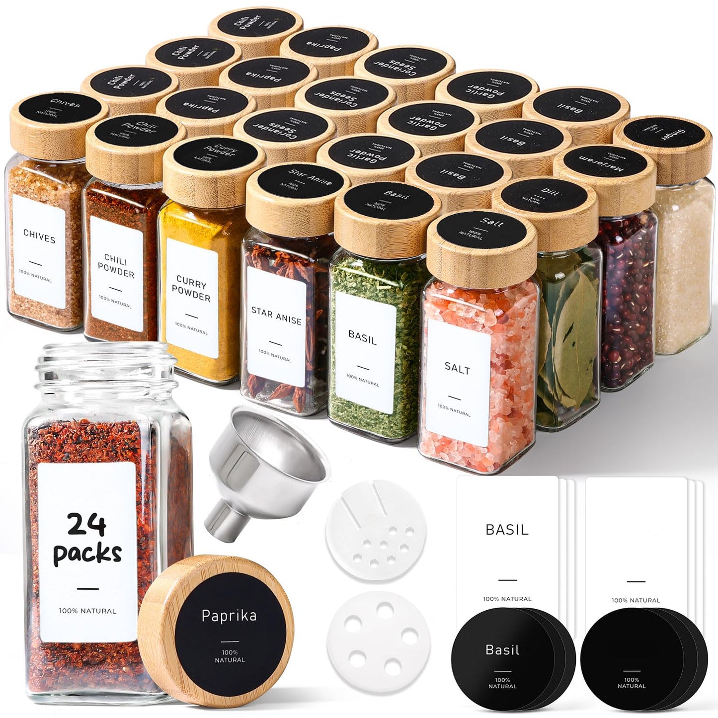 ComSaf Spice Jars with Label 4 oz 24Pcs, Glass Spice Jars with 6 Extra Shaker Inserts and 93 Labels, Seasoning Set with Bamboo Lids and Metal Funnel, Square Containers for Organization, Salt, Pepper