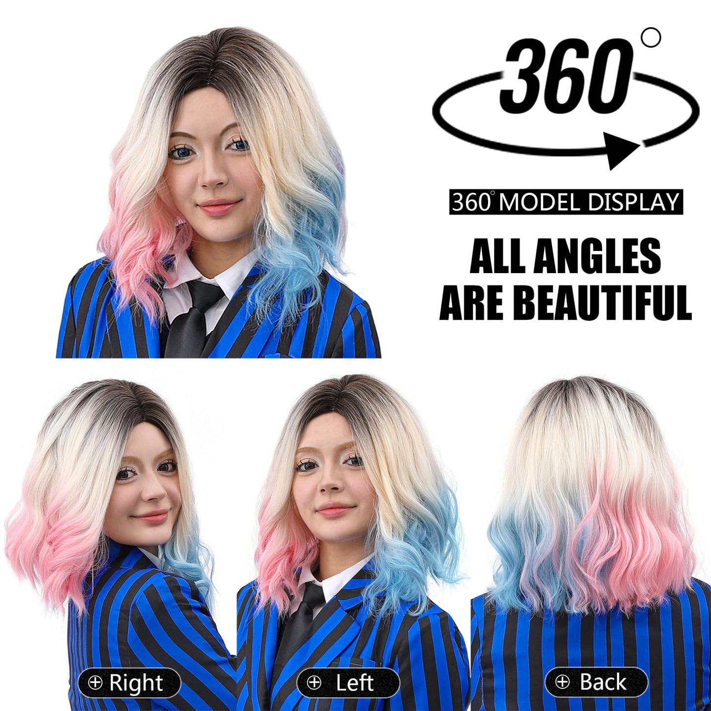 MUPUL Pink And Blue Wig Short Wavy Wig Halloween Costume Wigs For Women