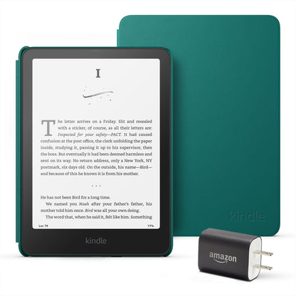 Kindle Paperwhite Essentials Bundle including All-new Kindle Paperwhite (16GB) - Jade, Plant-Based Leather Cover - Jade, and Power Adapter