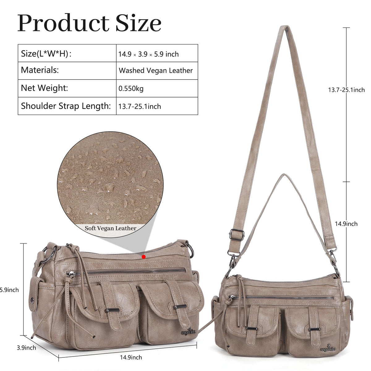 Angel Kiss Hobo Purses for Women Crossbody Shoulder Bag Ladies Multi Pocket Handbags with Adjustable Shoulder Strap,Khaki