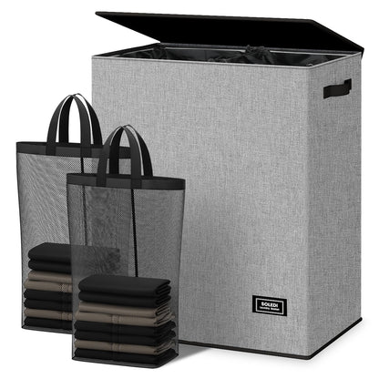 SOLEDI Double Laundry Hamper with Lid and Removable bag, Large Laundry Basket 2 Section with handles, Collapsible Dirty Clothes Hampers for Laundry, Bedroom, Dorm, College