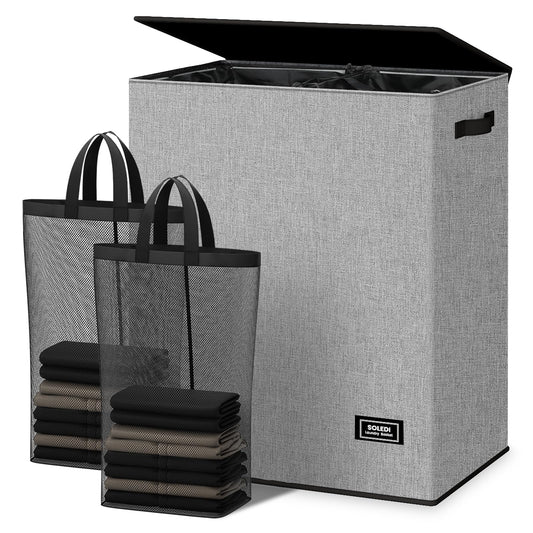 SOLEDI Double Laundry Hamper with Lid and Removable bag, Large Laundry Basket 2 Section with handles, Collapsible Dirty Clothes Hampers for Laundry, Bedroom, Dorm, College