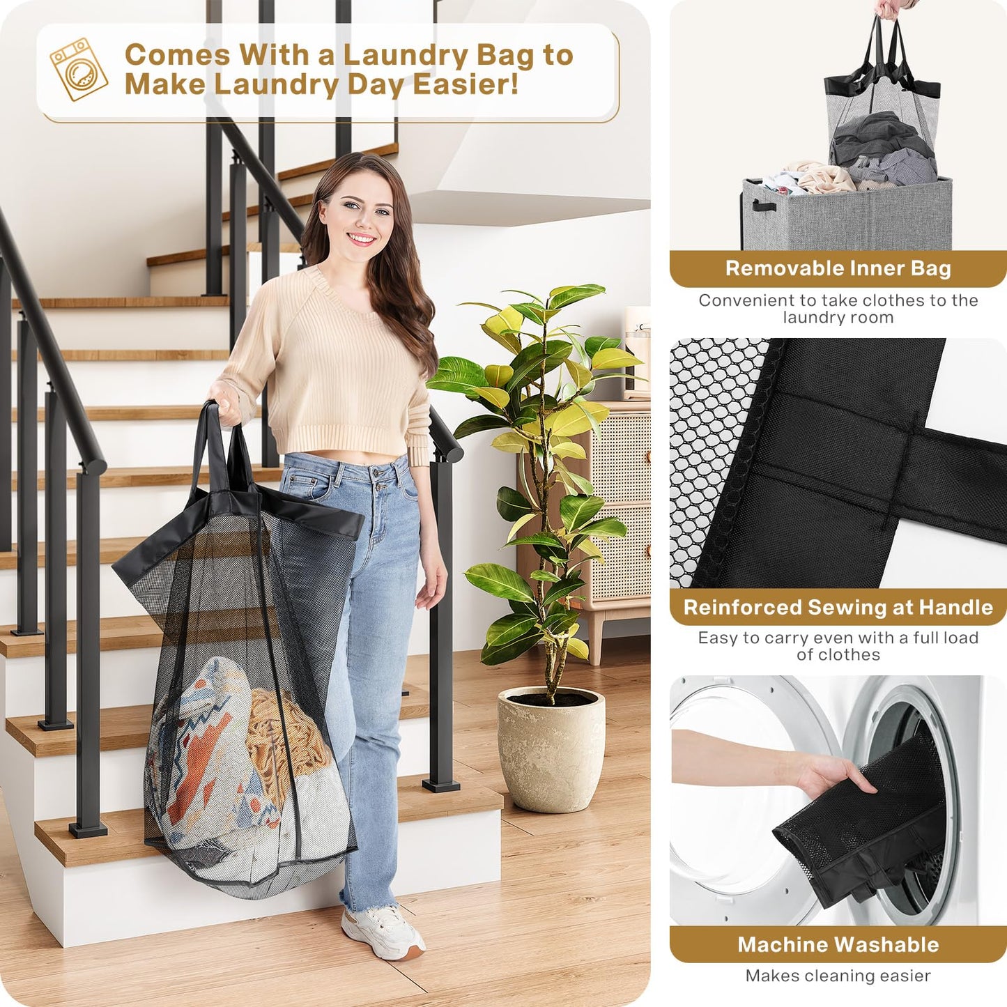 SOLEDI Double Laundry Hamper with Lid and Removable bag, Large Laundry Basket 2 Section with handles, Collapsible Dirty Clothes Hampers for Laundry, Bedroom, Dorm, College