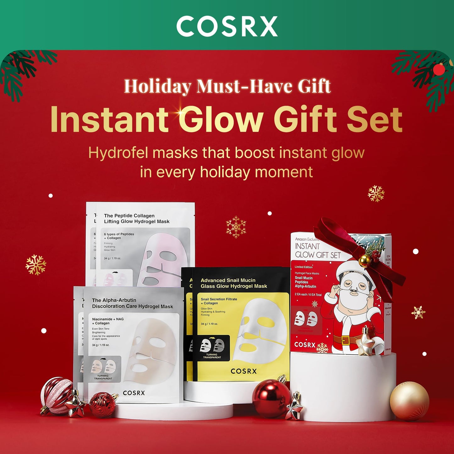 COSRX Glow-Boosting Face Mask Limited Holiday Gift Set 6ea, Snail Mucin, 6 Peptides & Alpha-arbutin for Glass skin, Collagen Face Mask, Korean Skin Care Set, Stocking Stuffers, Amazon Exclusive