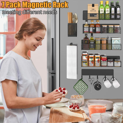 Magnetic Spice Rack for Refrigerator, 7 Pack 100% Metal Strong Magnet Shelves, Kitchen Spice Organizer W/ Hook Rack, Paper Towel Holder, Utensils Caddy, Home Laundry Room Storage Organization (Black)