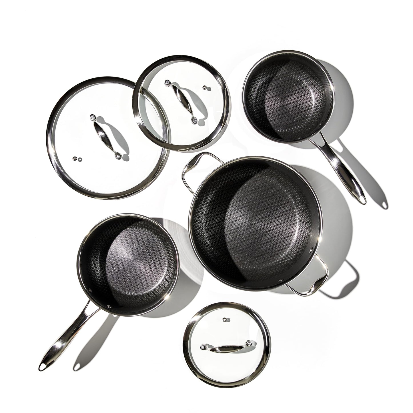 HexClad Hybrid Nonstick 6-Piece Pot Set with Trivets, 2, 3, and 8-Quart Pots with Tempered Glass Lids, 2 Silicone Trivets Included, Dishwasher Safe, Compatible with All Cooktops