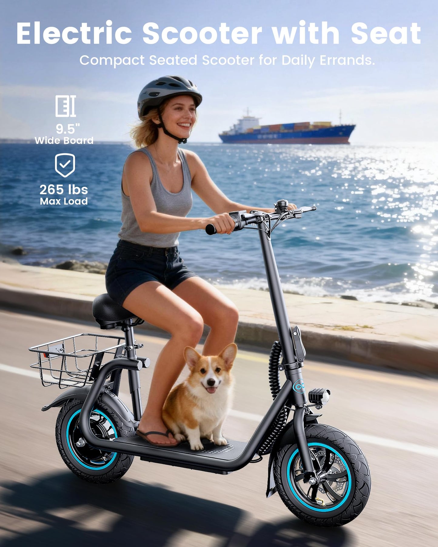 AWWSCOOTER C1 Electric Scooter with Seat for Adults, 450W Powerful Motor, 20 Mile Long Range, 16 Mph Foldable Commuter E-Scooter with Basket for Daily Commute, Grocery, or Pet Travel – Classic Black
