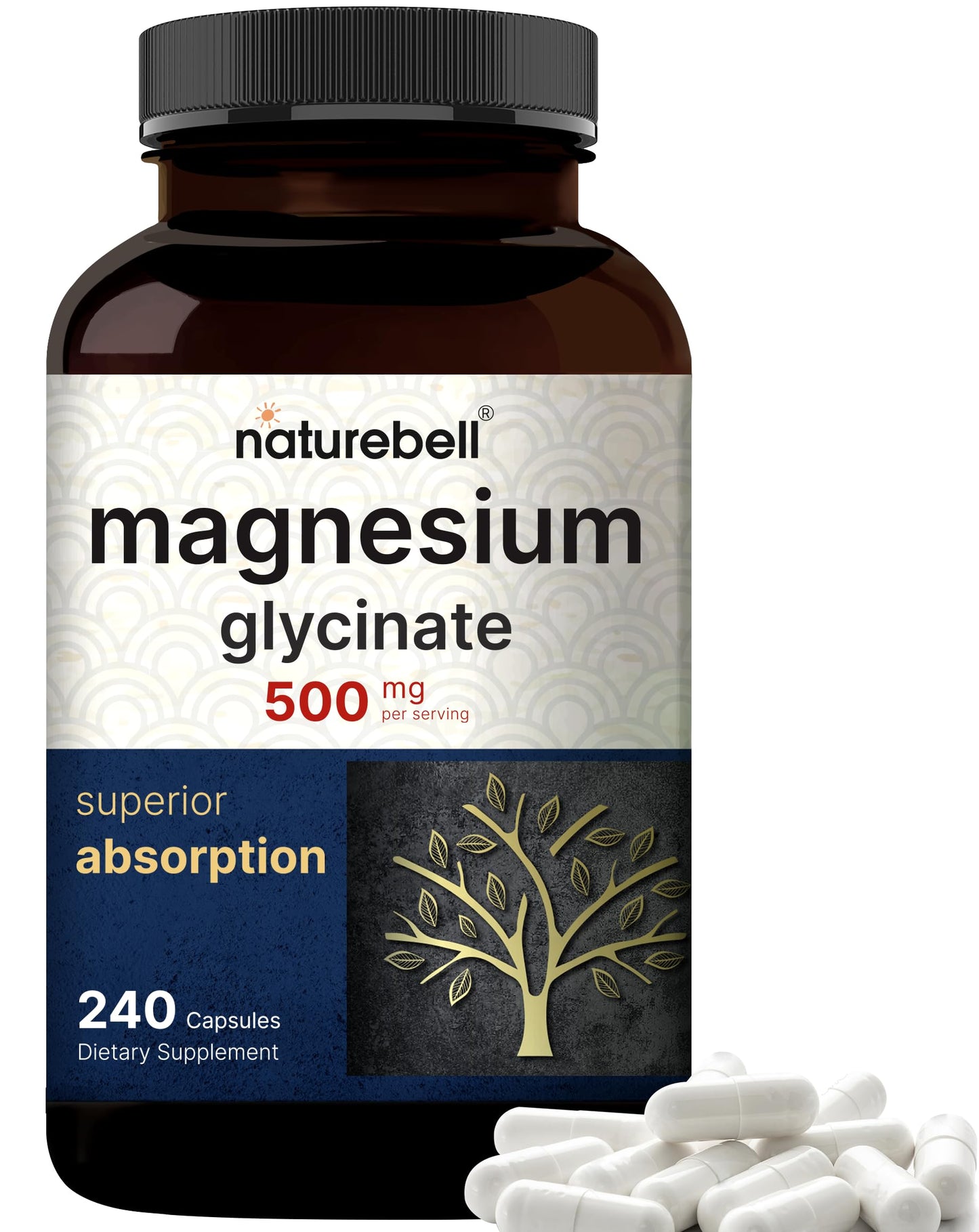 NatureBell Magnesium Glycinate 500mg, 240 Capsules | 100% Chelated & Purified | Sleep, Muscle & Heart Support | 3rd Party Tested, Non-GMO, Gluten-Free
