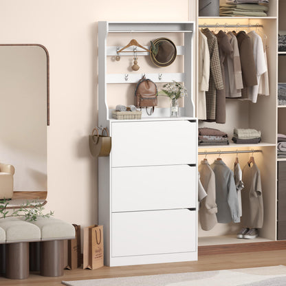 Wodeer Tall Shoe Cabinet with Coat Rack, Hidden Shoe Storage Cabinet with Doors & Drawer, Hanging Bar & Hooks, Slim Narrow Freestanding Shoe Rack Organizer for Entryway, Hallway & Living Room, White