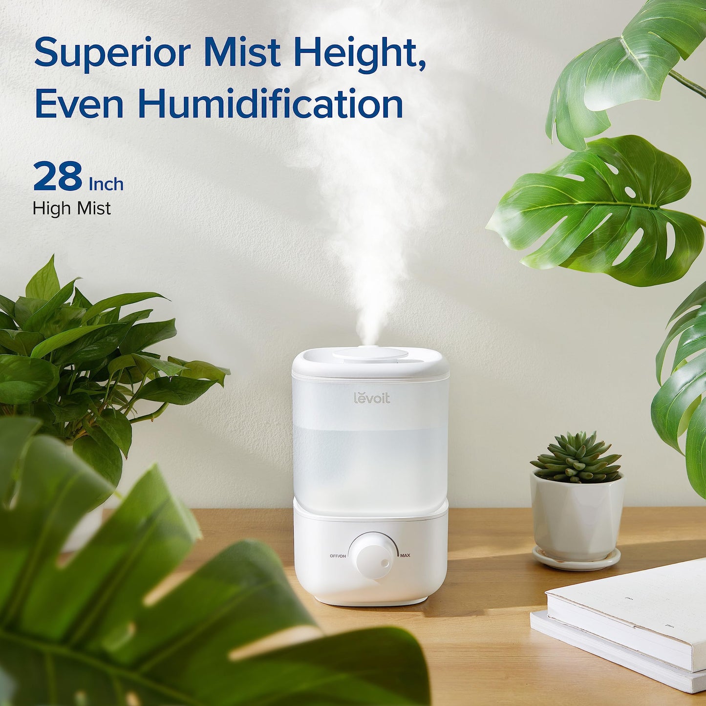 LEVOIT Top Fill Humidifiers for Bedroom, 2.5L Tank for Large Room, Easy to Fill & Clean, 28dB Quiet Cool Mist Air Humidifier for Home Baby Nursery & Plants, Auto Shut-off and BPA-Free for Safety, 25H