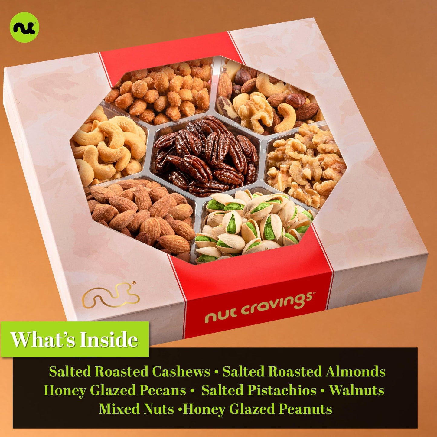NUT CRAVINGS - Purim Mishloach Manot Mixed Nuts Gift Basket in Red Gold Box (7 Assortments, 1 LB) Ramadan Gifts Treats for Adults, Food Arrangement, Healthy Snack Care Package, Kosher