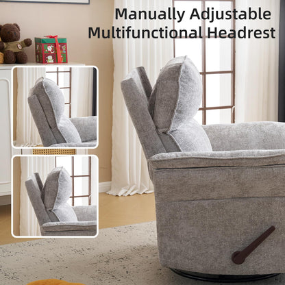 Rhevoy Oversized Glider Rocker Recliner, 26" Extra Wide 360° Swivel Nursery Recliner with Adjustable Headrest, Chenille Rocking Nursery Chair with Overstuffed Armrest, Lumbar Support, Light Grey