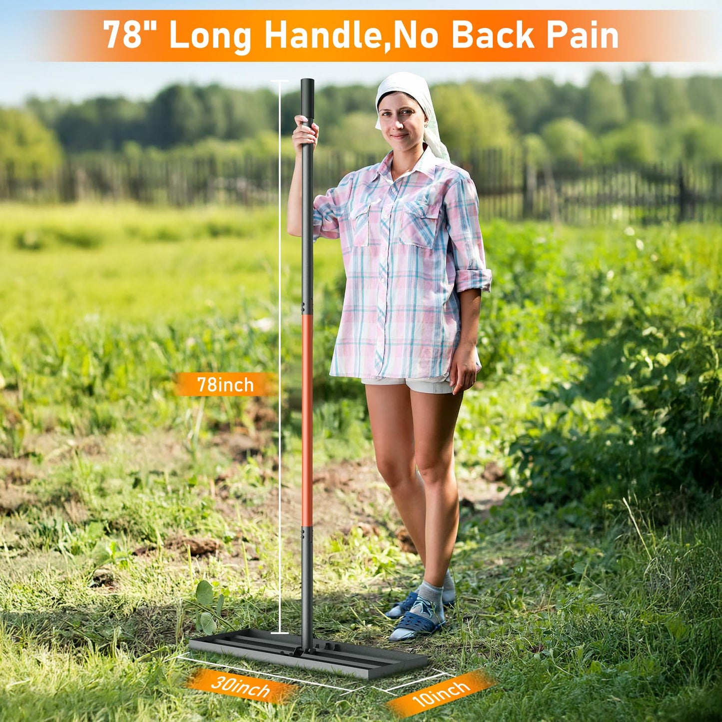 Lawn Leveling Rake, 30x10 with 78" Adjustable Handle, Stainless Steel Leveling Rake, Lawn Care Tool for Backyard, Garden, Golf Course, Farm and Pasture
