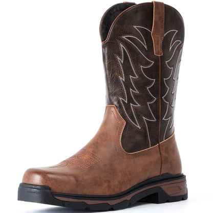 ANGRYRAM Cowboy Work Boots for Men Square Toe Leather Western Boot Slip Resistant Indestructable Steel Toe Safety Boots for Men Work-Man Pro Series
