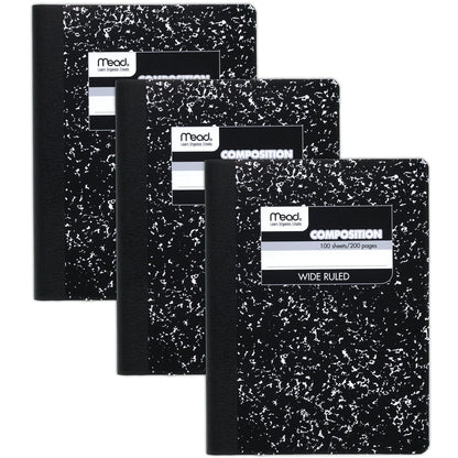 Mead Composition Notebook, 3 Pack, Wide Ruled Paper, 7-1/2" x 9-3/4", 100 Sheets per Comp Book, Black Marble (38301)