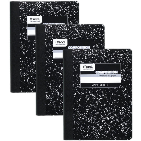 Mead Composition Notebook, 3 Pack, Wide Ruled Paper, 7-1/2" x 9-3/4", 100 Sheets per Comp Book, Black Marble (38301)