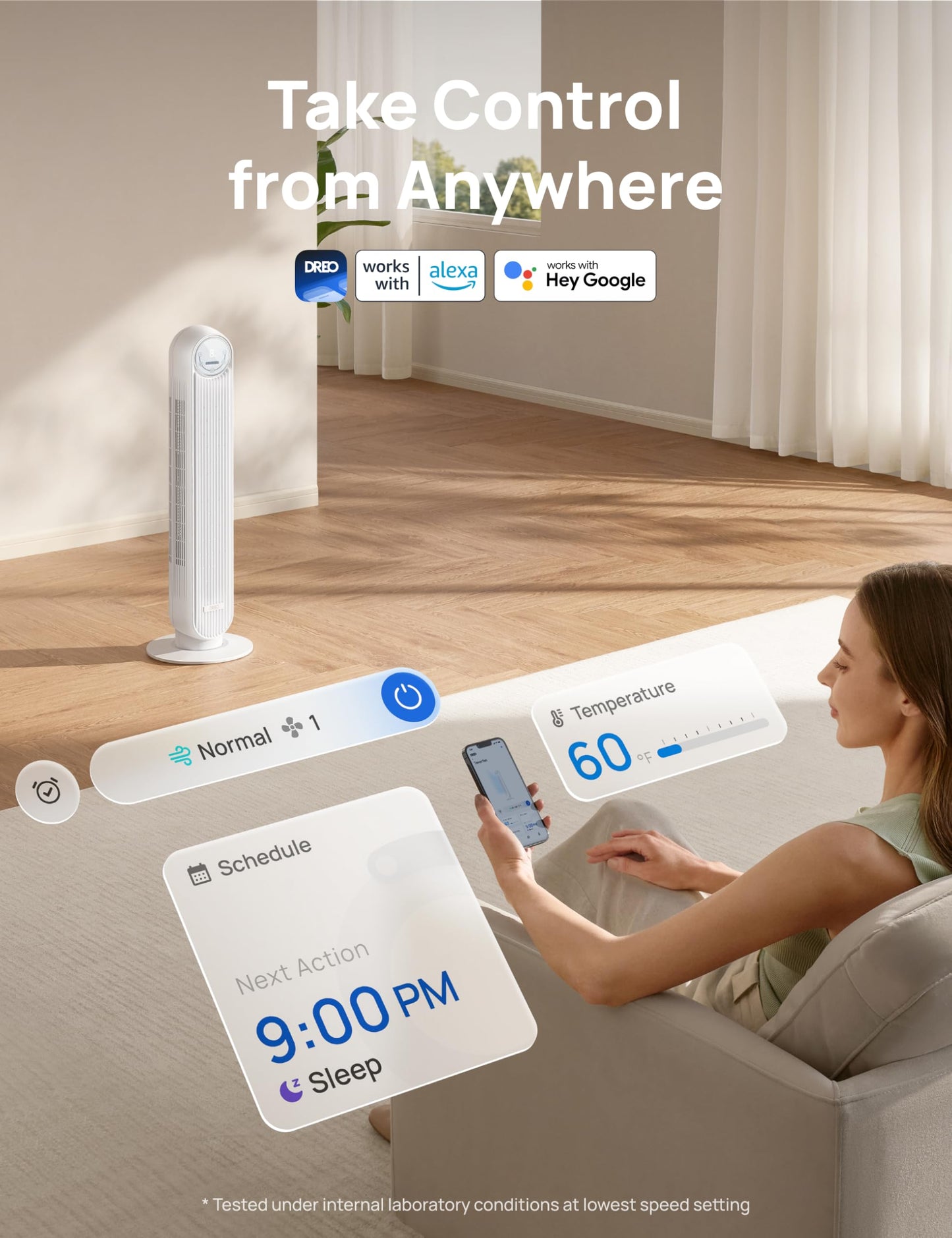 Dreo Tower Fan for Bedroom, 25ft/s Smart Standing Fans, 90° Oscillating Floor Fan with 4 Modes, 4 Speeds, 8H Timer, 28dB, Bladeless, Remote, 28 dB, Works with WiFi Voice Control