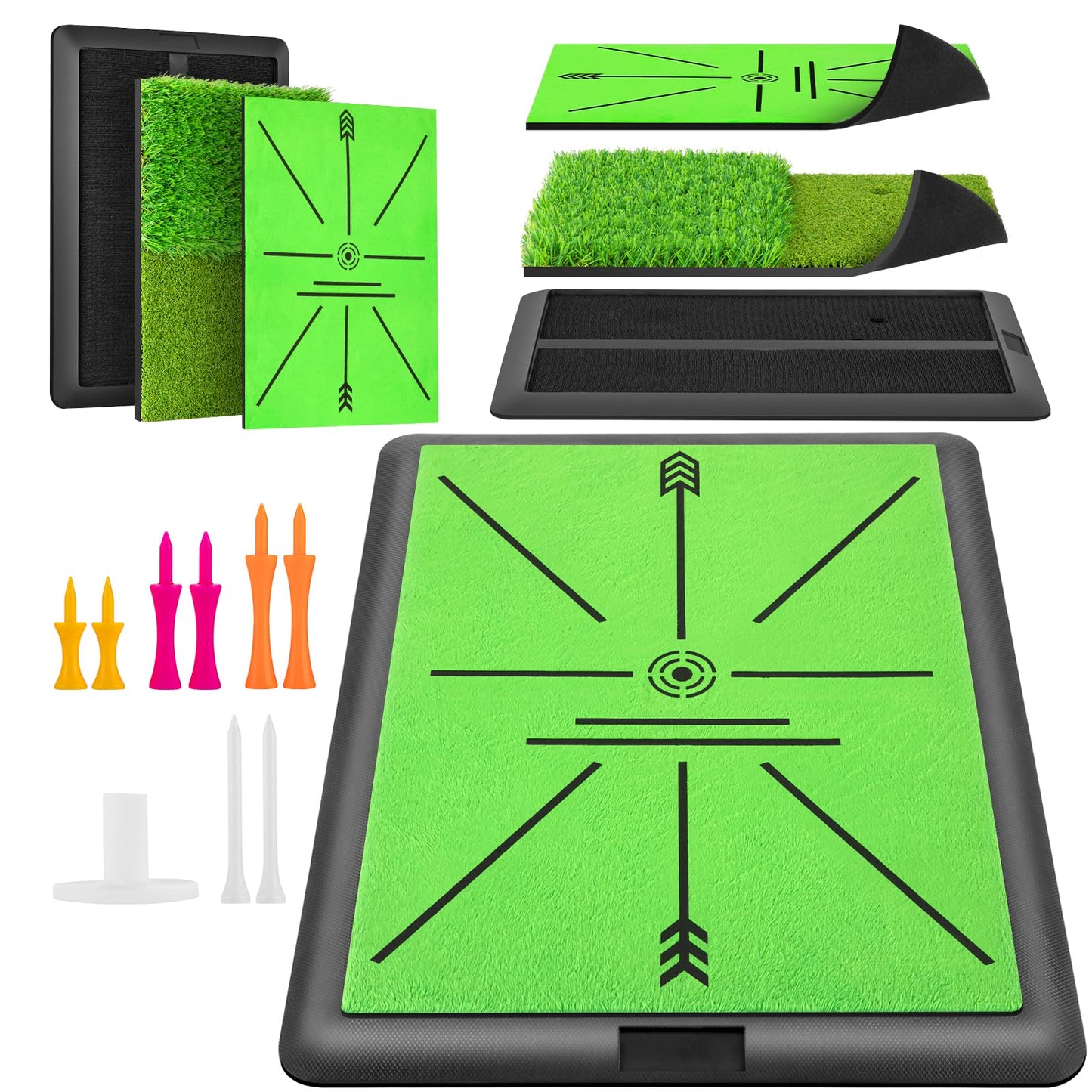 Golf Hitting Mat, Golf Mats Practice Outdoor Indoor for Swing Path Feedback Detection Batting, 16"x12" Artificial Dual Turf Golf Mat with Tees for Training, Driving, Chipping