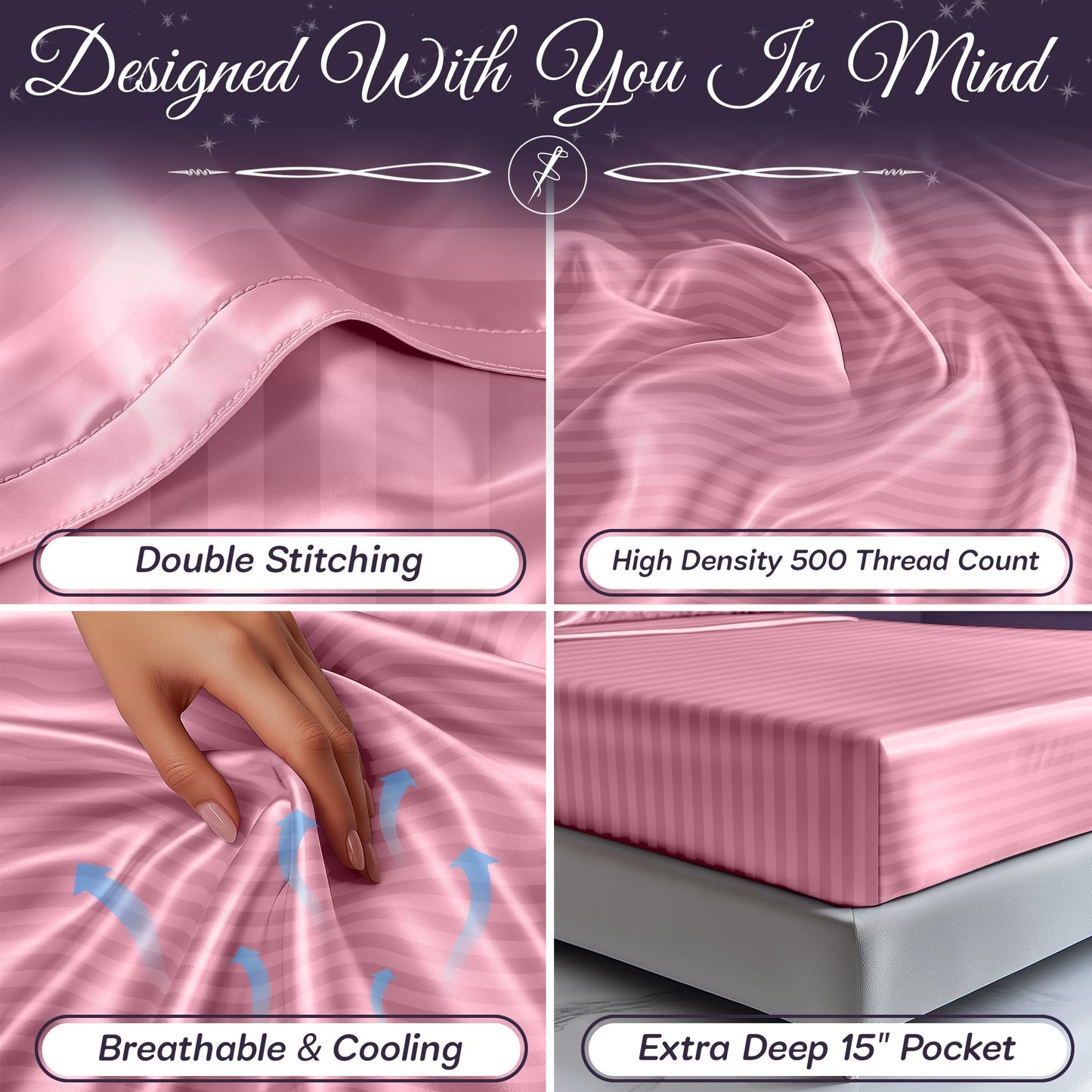 SLEEP SANCTUARY Satin Sheets King Size – 4 Piece Luxury Silky Bed Set, Softer Than Silk, 15" Deep Pocket, Cooling & Wrinkle-Free, Moisture-Wicking & Breathable for Hair & Skin (Striped Pink)