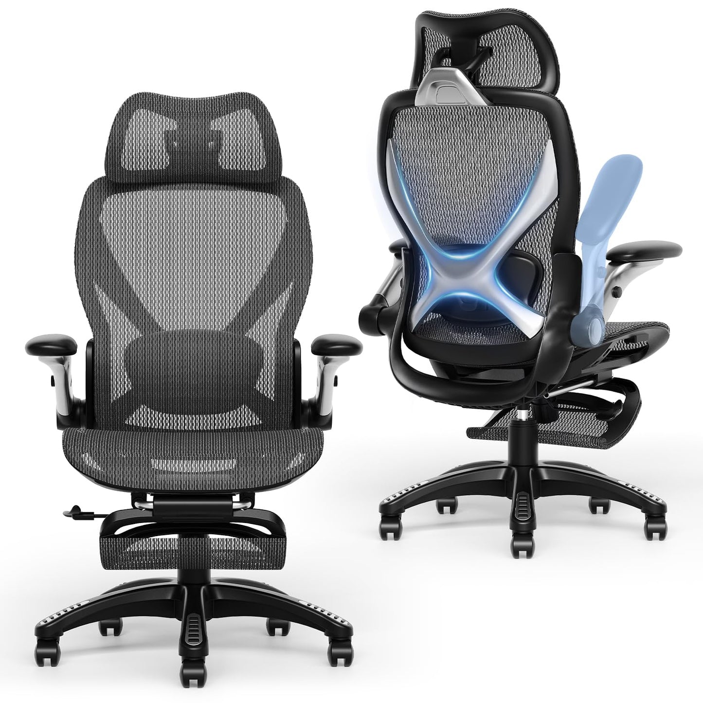 ELABEST X100 Ergonomic Office Chair with Footrest, Big and Tall Home Desk Chair with 5D Flip-Up Arms, Adjustable 3D Adaptive Lumbar Support,High Back Rolling Computer Chair, Swivel Gaming Mesh Chairs