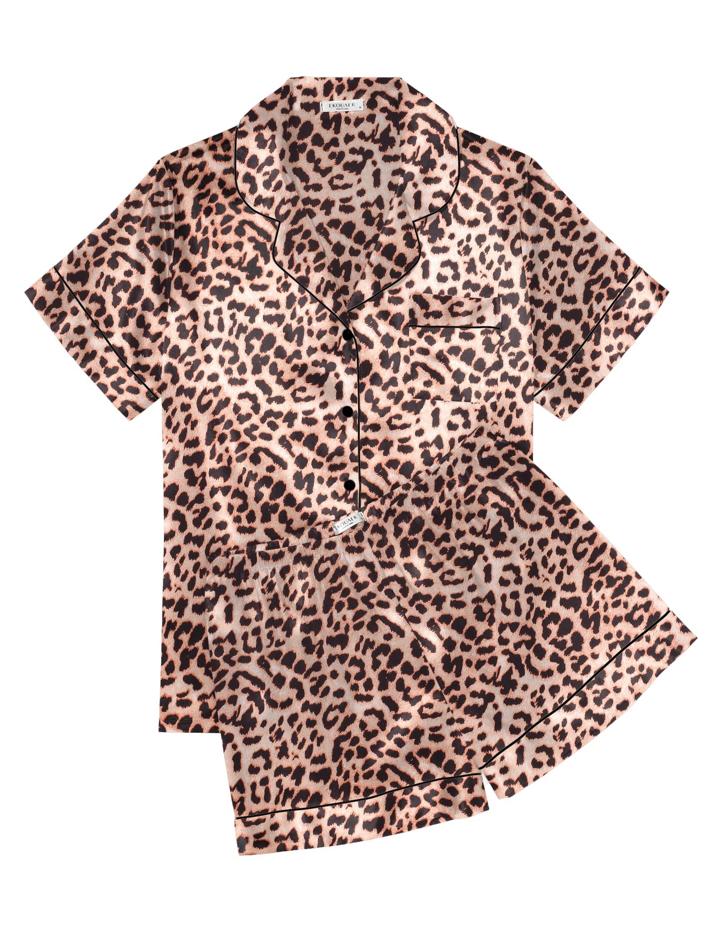 Ekouaer Womens Satin Pajamas Sets Silk Soft Sleepwear Short Sleeve Button Up Pjs Top and Shorts 2 Piece Lounge Set,Leopard,M