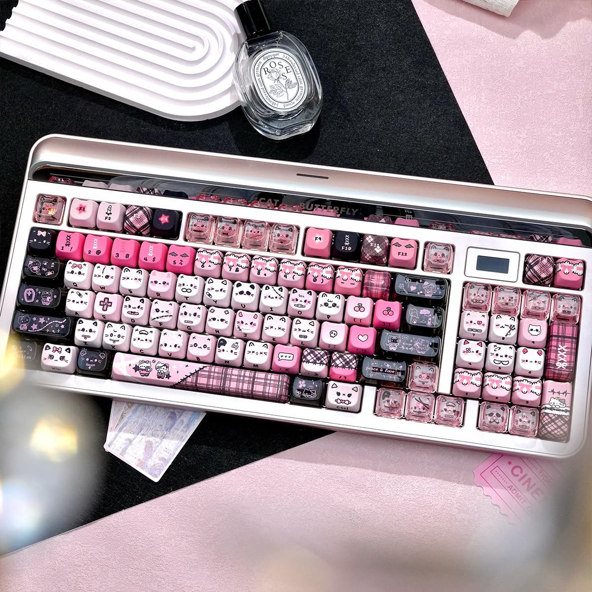 TYRIXKI 26 Keys Crystal Jelly Personalized Keycaps, PC Material Cute Black Pink Cat Transparent Custom Keycaps, Mao Profile Keycap for DIY MX Swithes Mechanical Keyboards