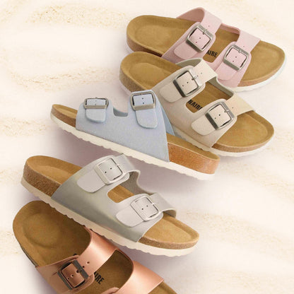 CUSHIONAIRE Lane Cork Footbed Sandals for Women – Comfortable Double Buckle Slip-On with Genuine Suede Footbed & Arch Support Slides for Women Footwear, BROWN 8