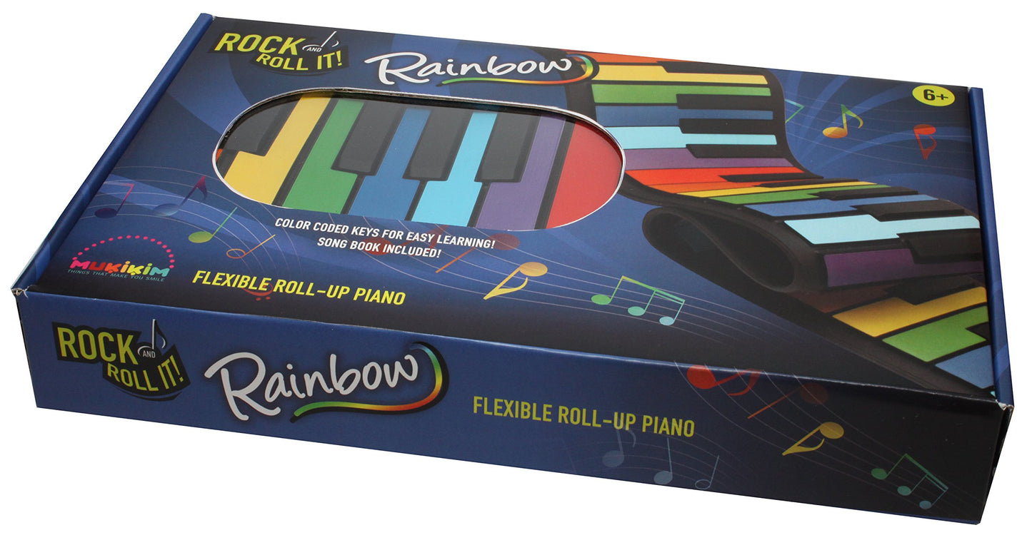 MUKIKIM Rock and Roll It - The Original Rainbow Piano. Roll Up Flexible Piano Keyboard for Kids / Beginners. Portable 49 Keys Silicone Pad. Play-by-Color Songbook Included!