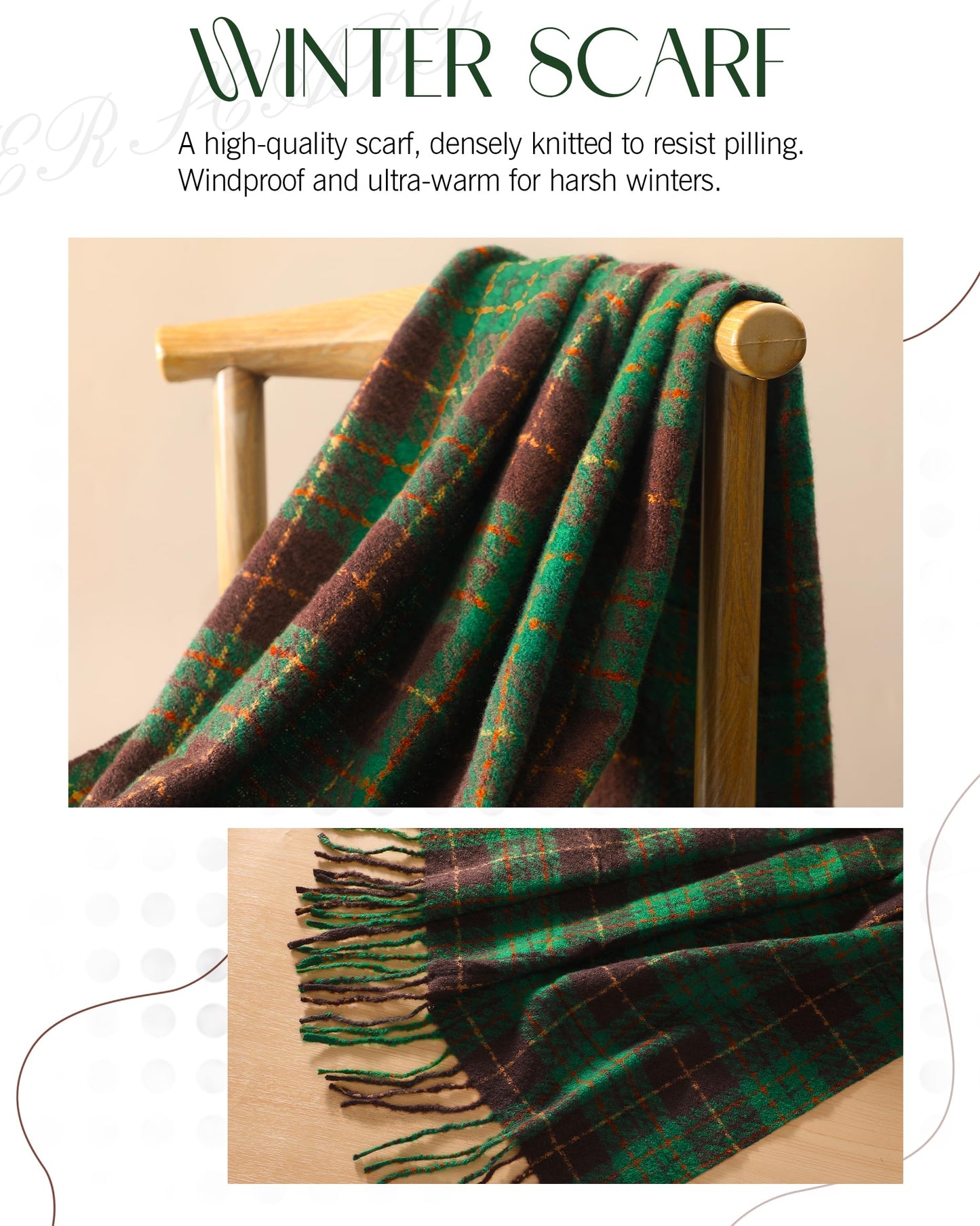DOFOWORK Scarf for Women - Scarves for Women Winter Warm, Plaid Long Shawl Winter Scarf for Cold Weather, Soft Tassel Wrap Blanket, Green, 78.7"x24.8"